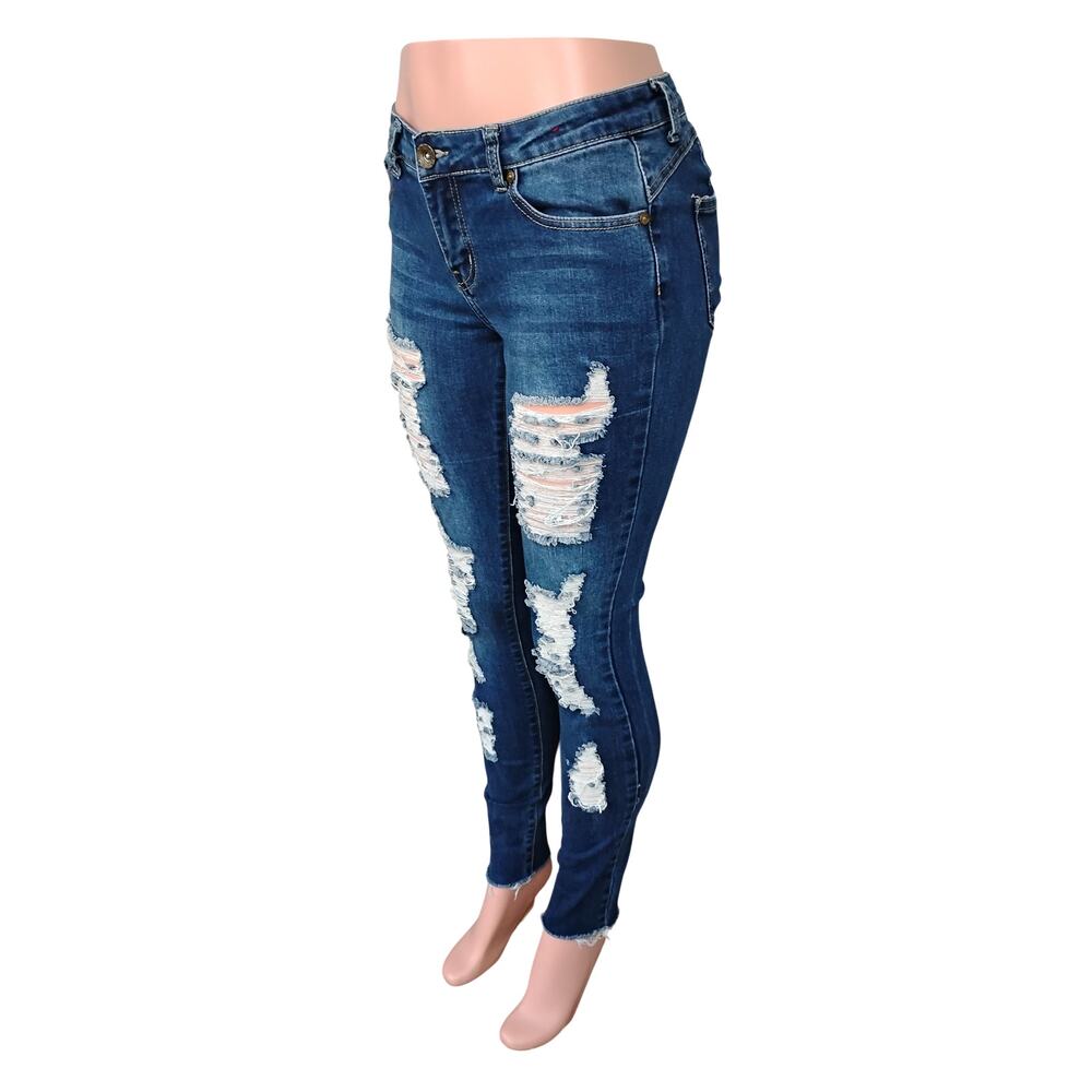 GOGO Jeans Co. Skinny Distressed Jeans Size 7 Junior Dark Blue 5 Pockets - Picture 3 of 12